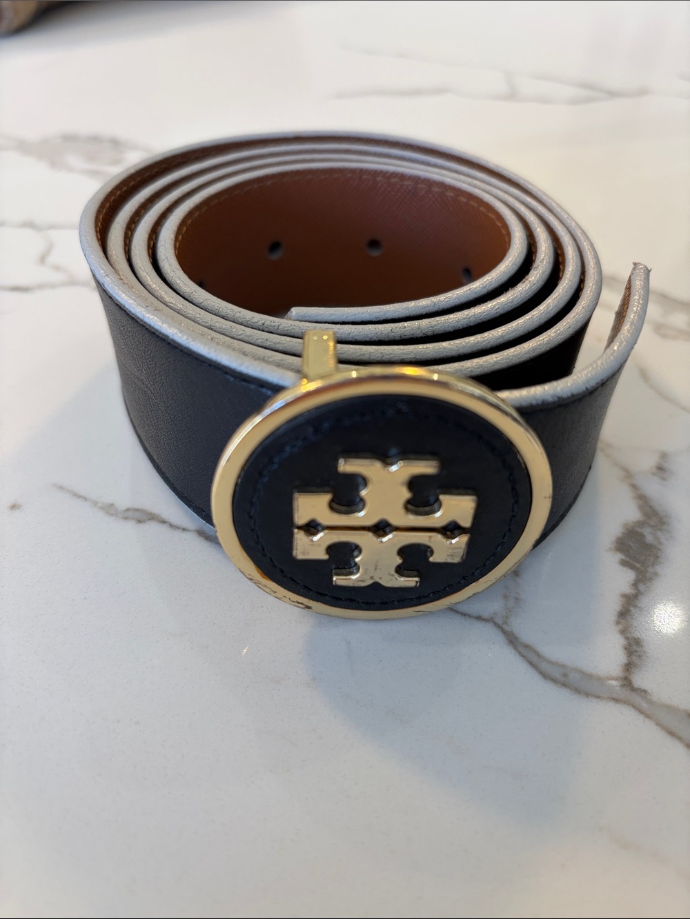 Tory Burch Brown Leather Reversible Belt with Black Gold-Emblem Buckle